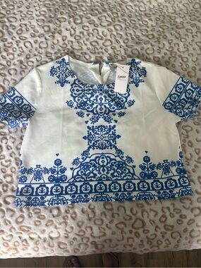 Choies White Short Sleeve Top with Blue Tile Motif